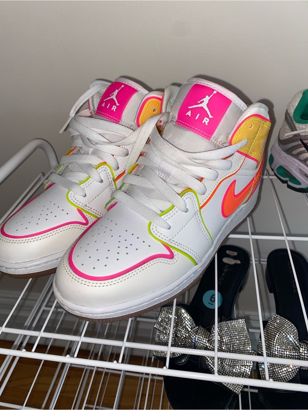 Jordan Kids Sneakers in White with Neon Pink, Neon Orange, Neon Yellow Accents